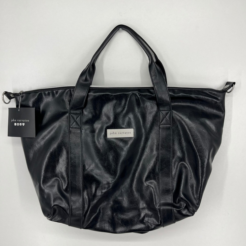 John Varvatos Black Faux Leather Weekend Travel Tote Bag New NWT A0135149